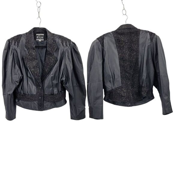 Vintage 80's Jacket Leather Bomber Multimedia Metallic Embossed Suede Black L - Picture 14 of 16